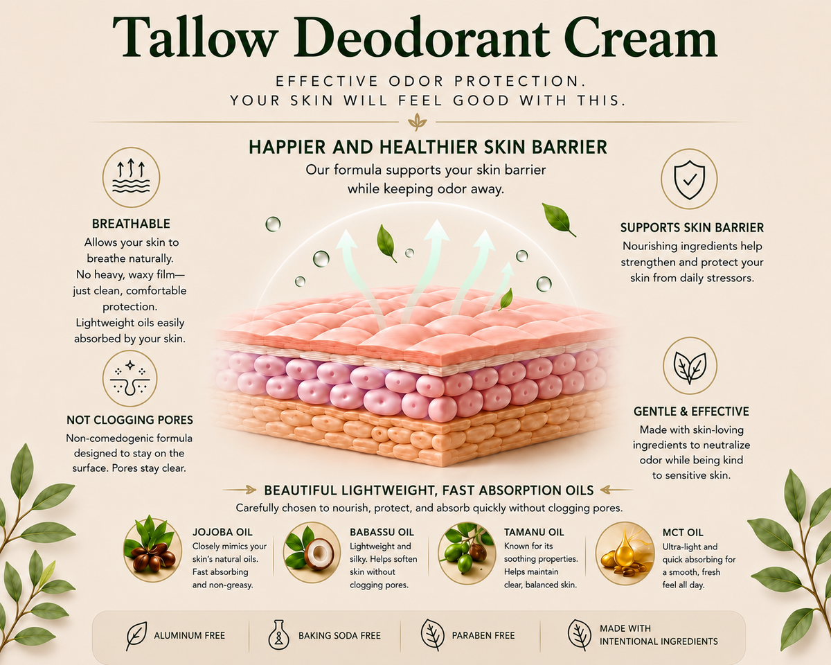 Information on deodorant made with tallow, zinc, magnesium hydroxide.