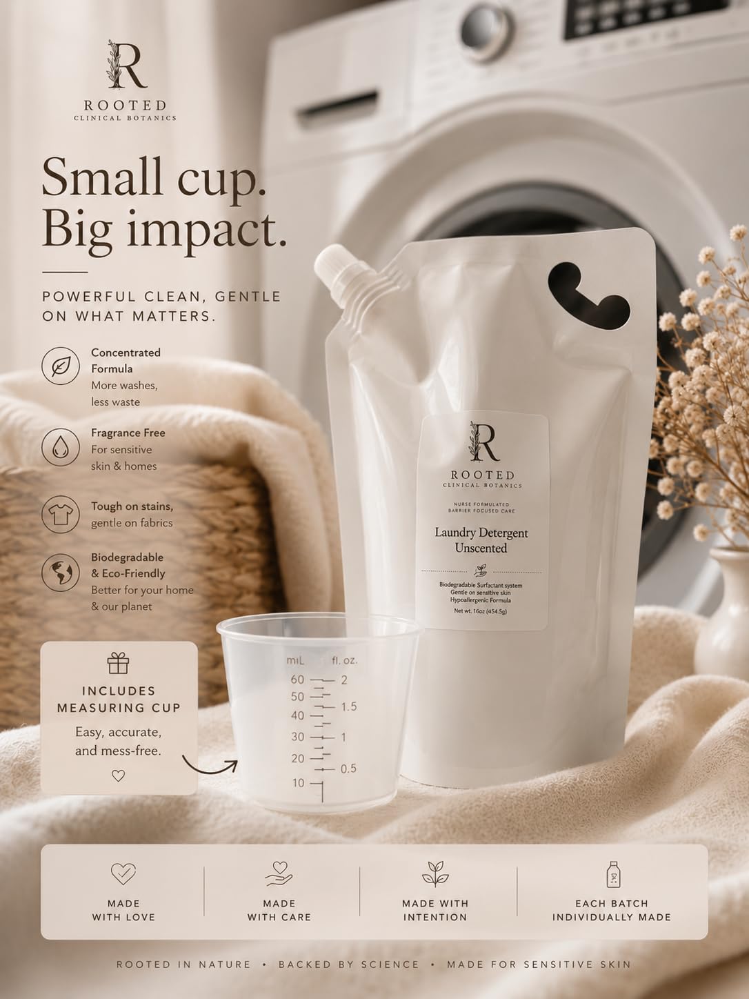 Pouch and cup included in purchase for laundry detergent 2x concentrated