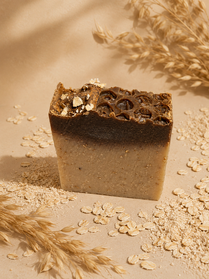 Honey Oatmeal soap brown and beige bar made with oatmeal pieces and colloidal oatmeal, honey and kaolin clat.