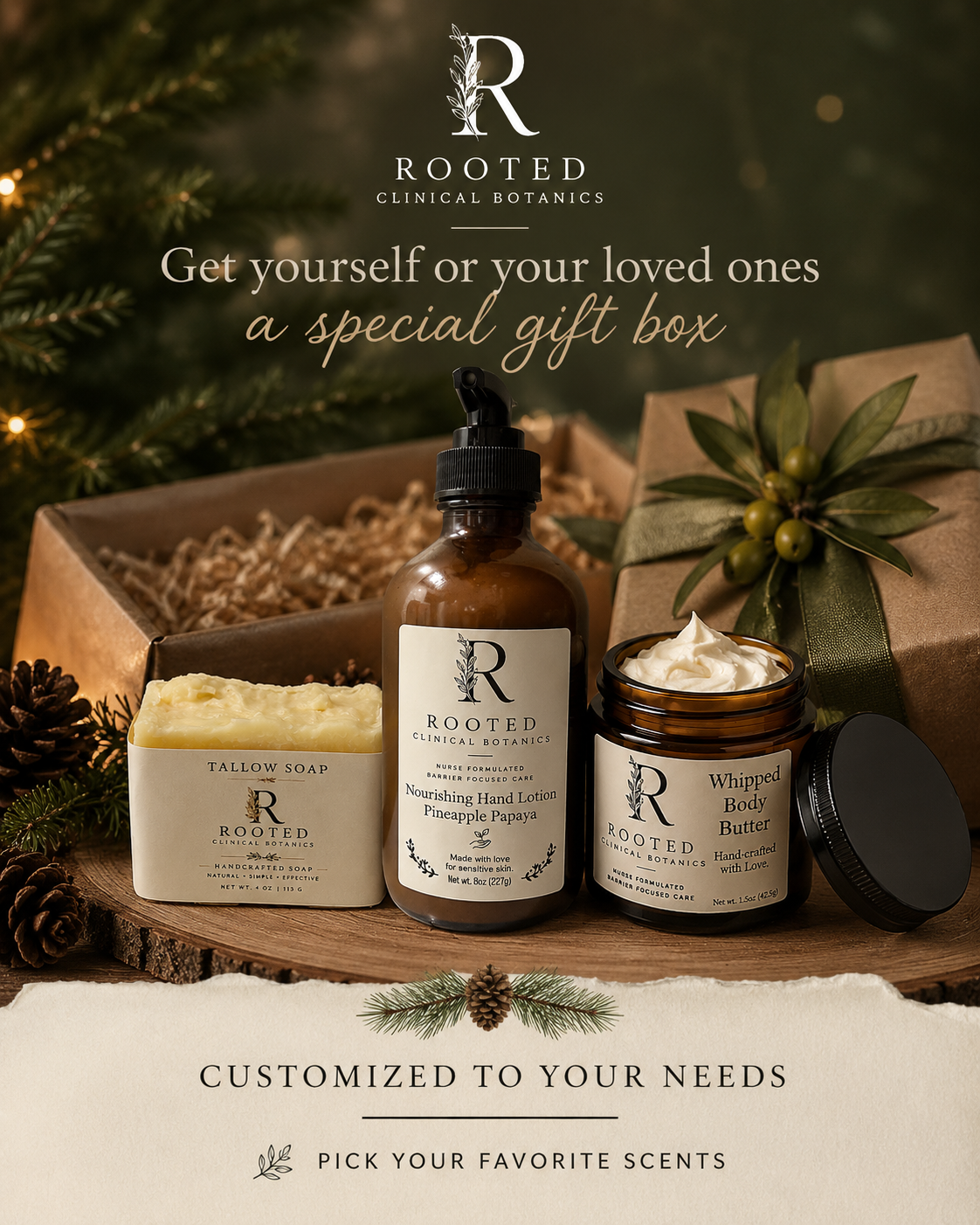 Gift Box included items soap, glass bottle and glass jar butter for a gift or starter bundle.