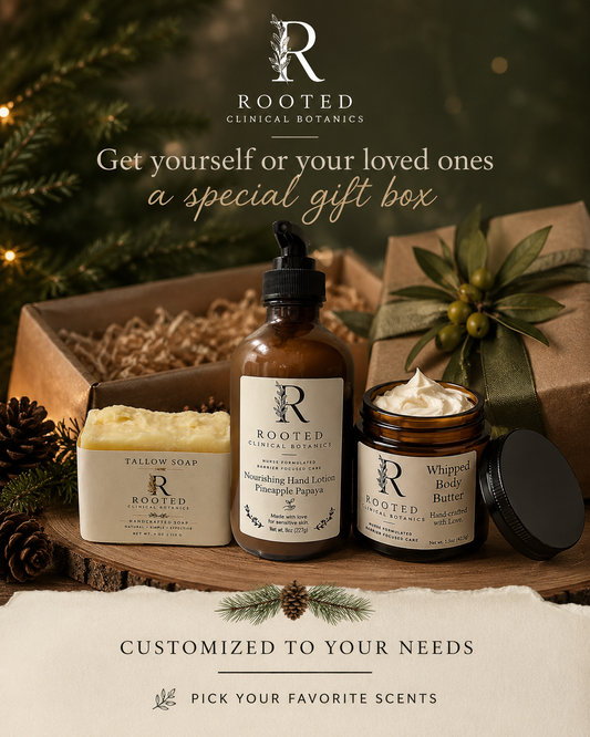 Gift Box included items soap, glass bottle and glass jar butter for a gift or starter bundle.