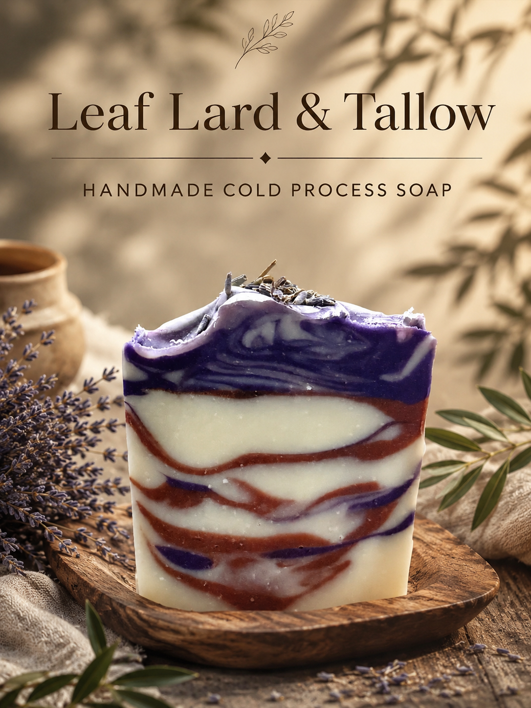 Handcrafted purple, red and cream color tallow and leaf lard bar soap.