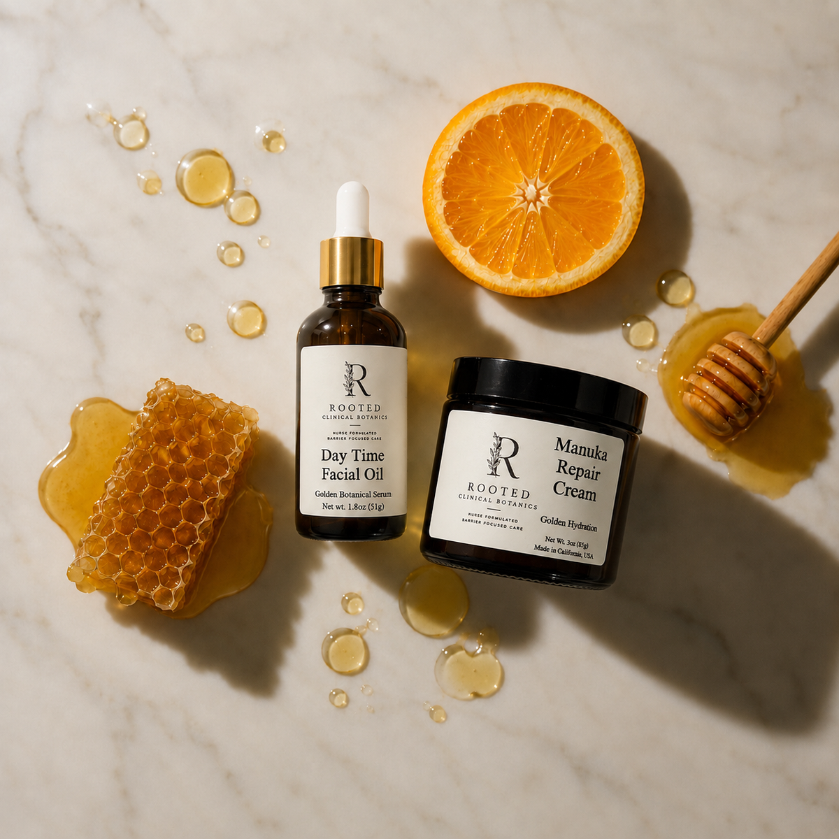 Glass bottle dropper for facial oil made with vitamin c, amber glass 4oz jar for manuka honey repair cream. 