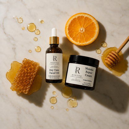 Glass bottle dropper for facial oil made with vitamin c, amber glass 4oz jar for manuka honey repair cream. 